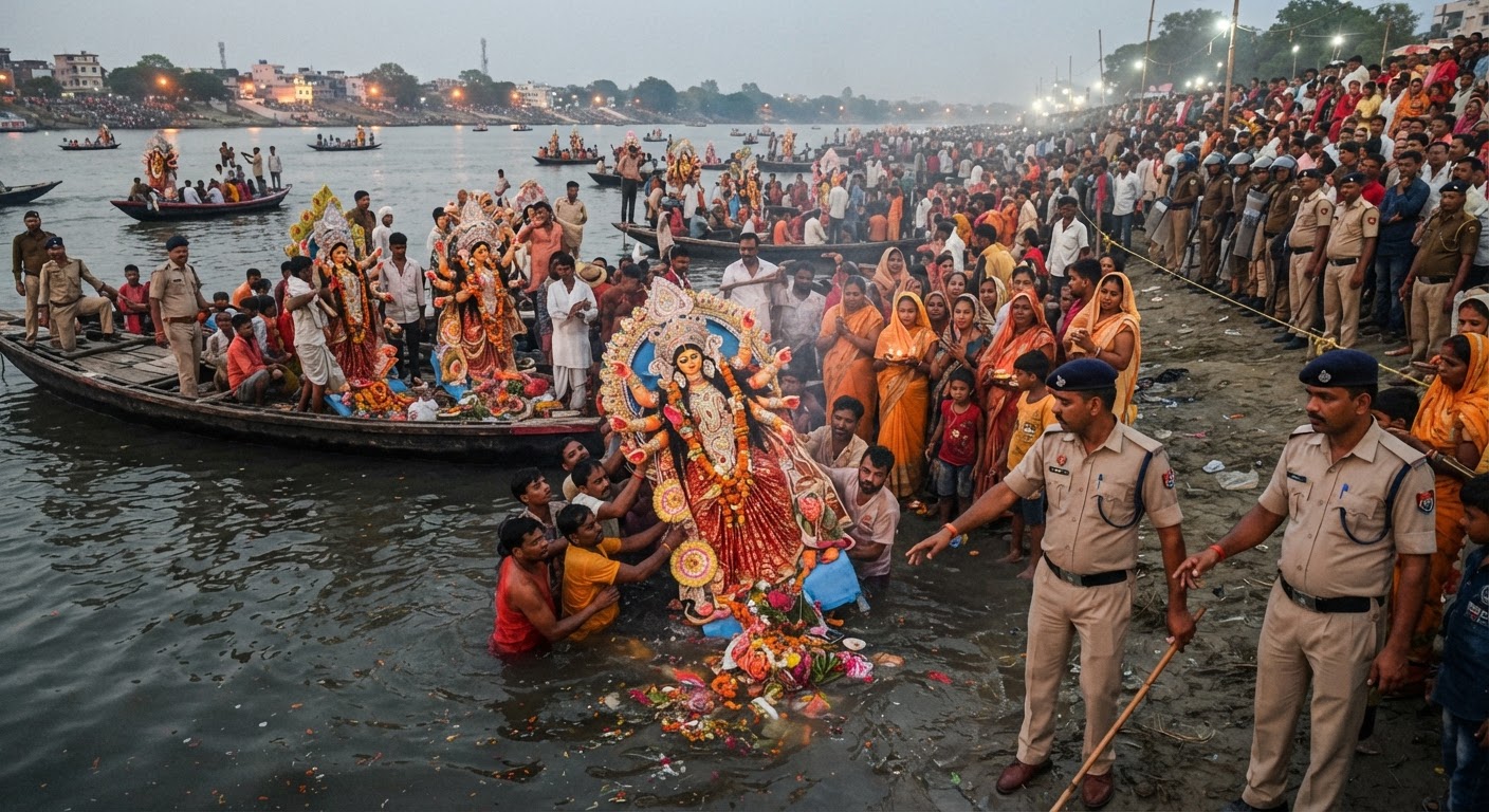 नाथनगर में कड़ी सुरक्षा के बीच छह दुर्गा प्रतिमाओं का हुआ विसर्जन