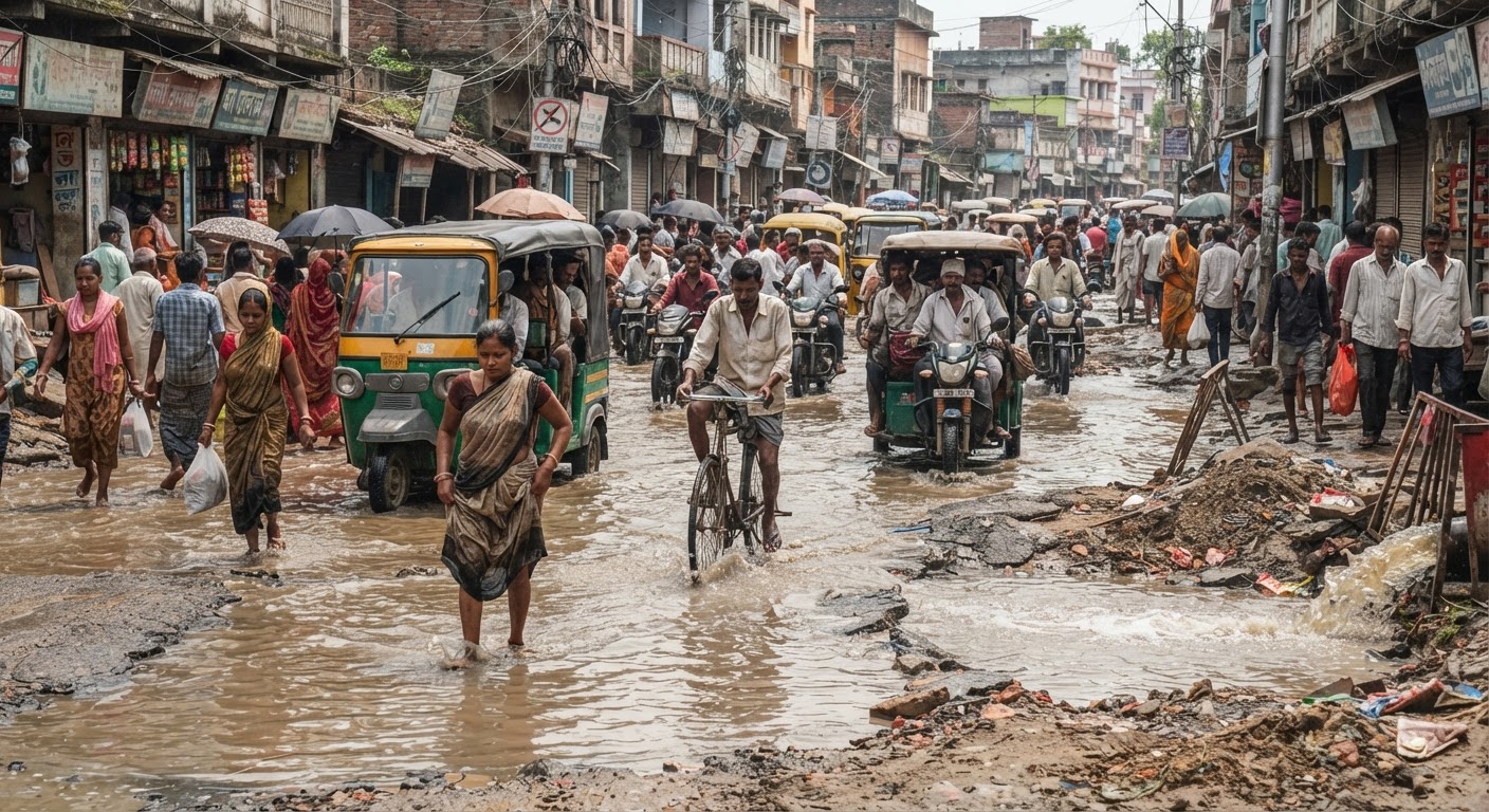 भागलपुर में वाटर पाइपलाइन लीक से भारी जलजमाव और सड़क हादसे का खतरा
